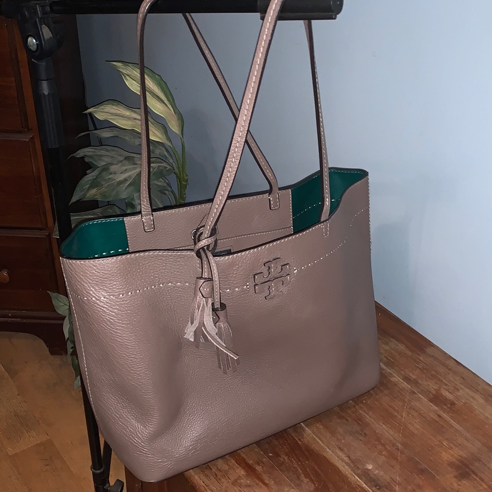 Tory Burch Taupe and Teal Leather Tote